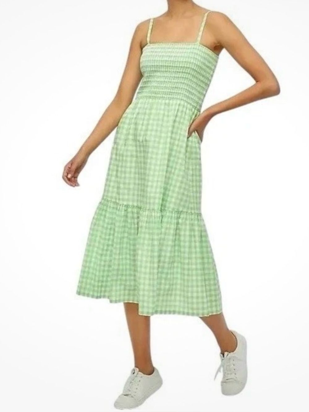 J.Crew NWT Green Gingham Smocked Tiered Boho Peasant Midi Dress Size XL Cotton
